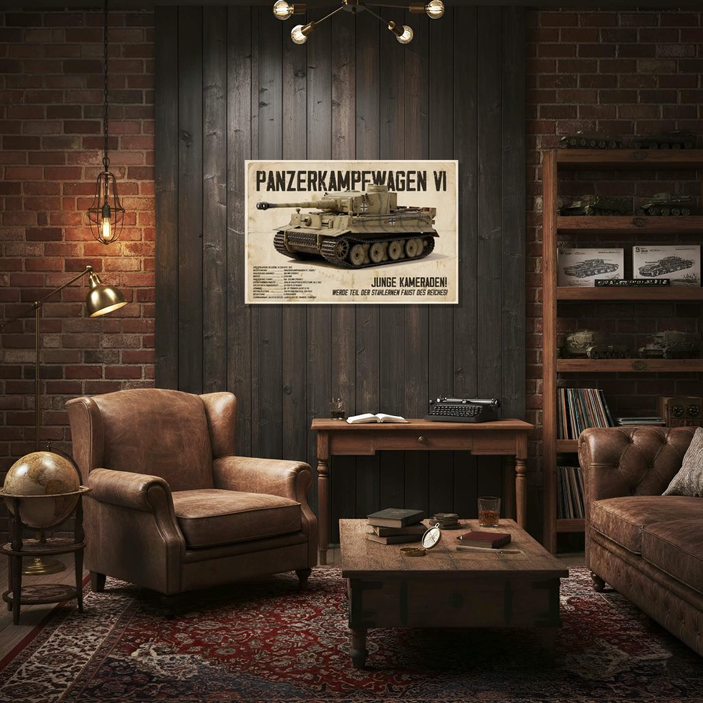 Vintage 1940s German propaganda poster featuring Panzerkampfwagen VI (Pz.Kpfw. VI) heavy tank, desert camouflage, technical specifications in German, aged paper texture with stains and folds