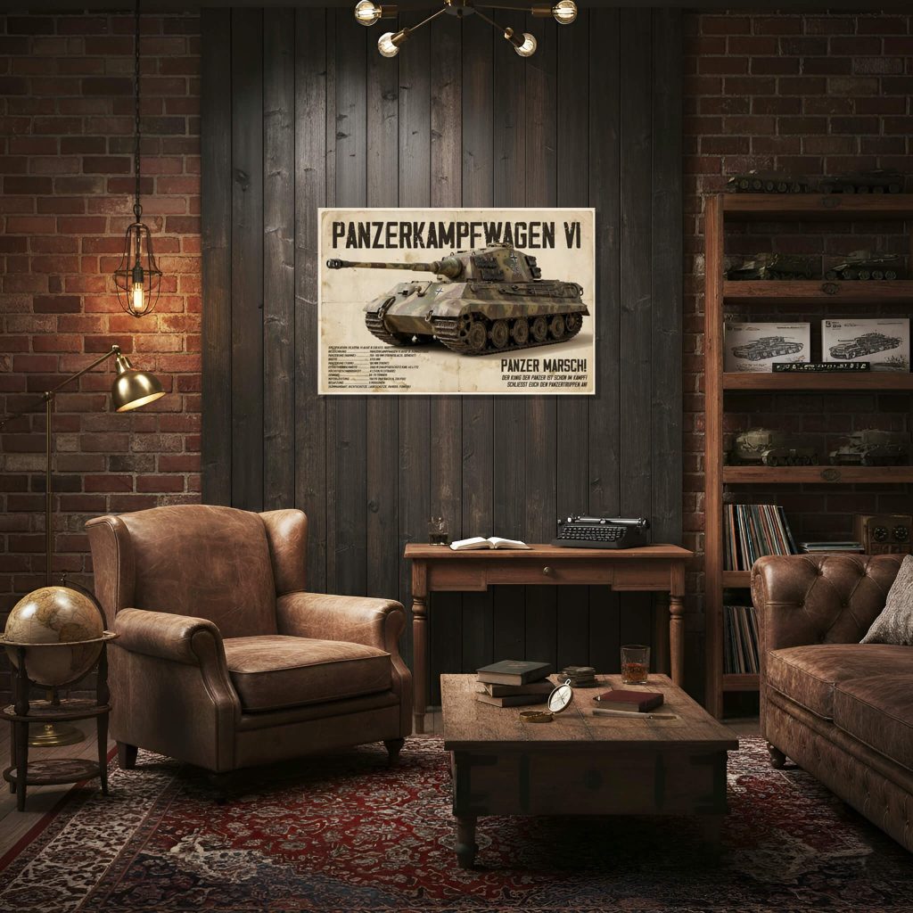 Vintage poster in the style of German propaganda from the 1940s depicting the Panzerkampfwagen VI Ausf. B ‘King Tiger’ (Pz.Kpfw. VI Ausf. B Tiger II) in desert camouflage paintwork with technical specifications in German, on a backing with an aged paper texture with stains and creases.