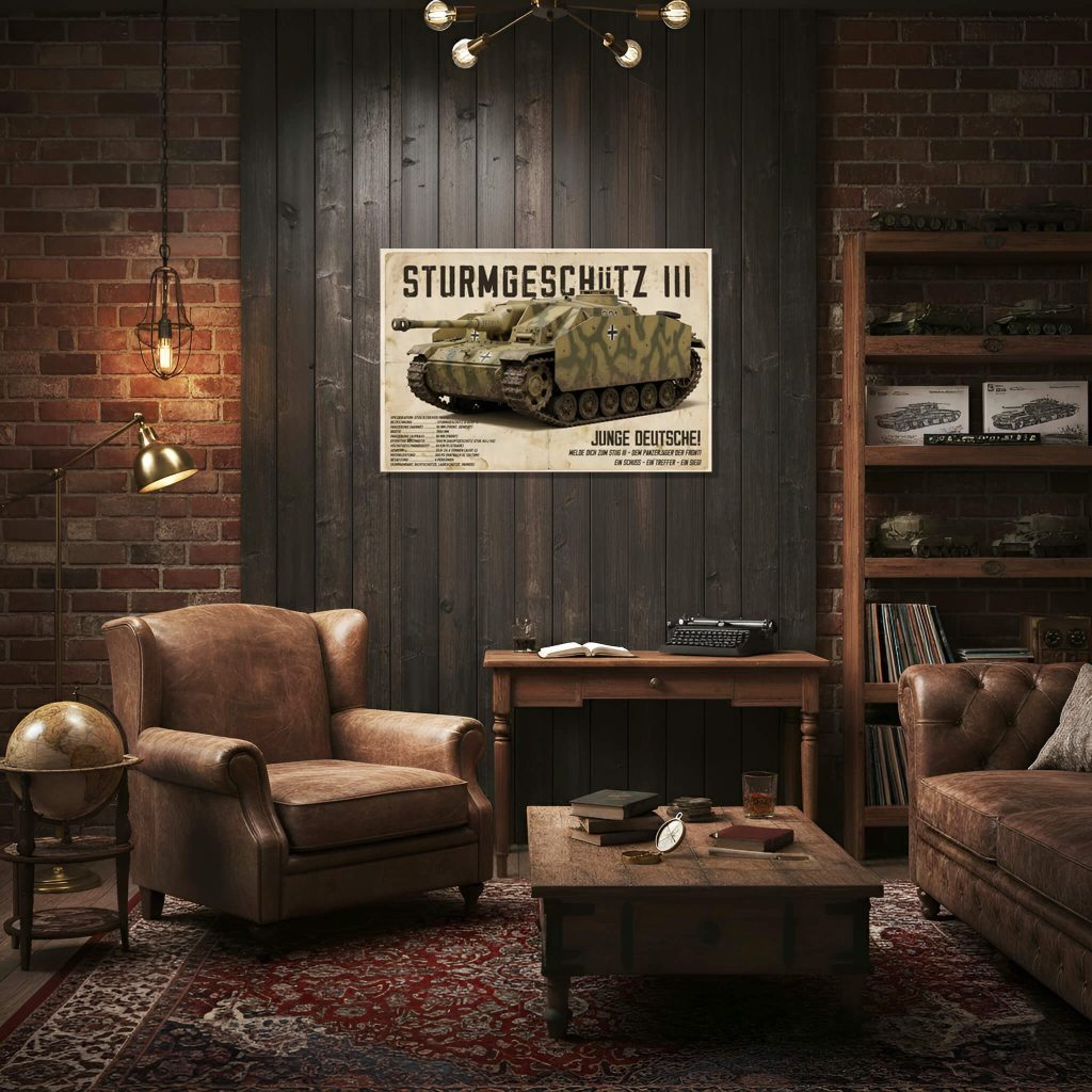 Vintage poster in the style of German propaganda from the 1940s depicting the Sturmgeschütz III in desert camouflage paintwork with technical specifications in German, on a backing with an aged paper texture with stains and creases.