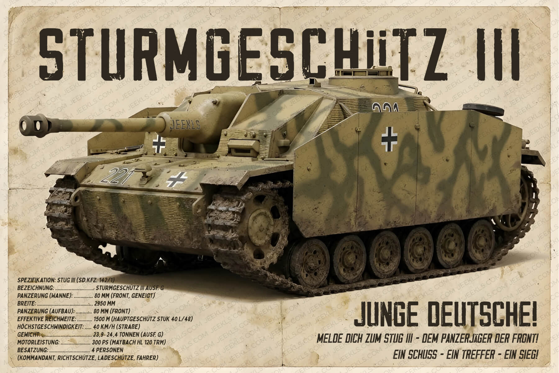 Vintage StuG III Assault Gun Propaganda Poster - German WWII Sturmgeschütz Poster 4 Vintage poster in the style of German propaganda from the 1940s depicting the Sturmgeschütz III in desert camouflage paintwork with technical specifications in German, on a backing with an aged paper texture with stains and creases.