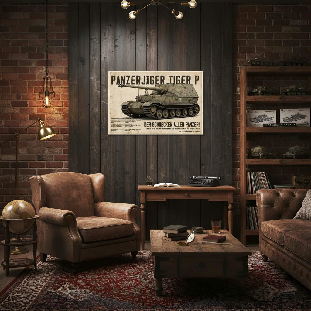 Vintage poster in the style of German propaganda from the 1940s depicting the Panzerjäger Tiger P Ferdinand Heavy Tank Destroyer in desert camouflage paintwork with technical specifications in German, on a backing with an aged paper texture with stains and creases.