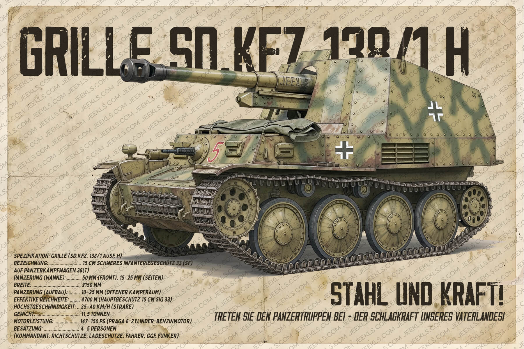 Grille Sd.Kfz. 138/1 WWII German Self-Propelled Gun Tank Poster Digital Edition PDF 2 Vintage poster in the style of German propaganda from the 1940s depicting the Grille Sd.Kfz. 138/1 WWII German Self-Propelled Gun Tank in desert camouflage paintwork with technical specifications in German, on a backing with an aged paper texture with stains and creases.