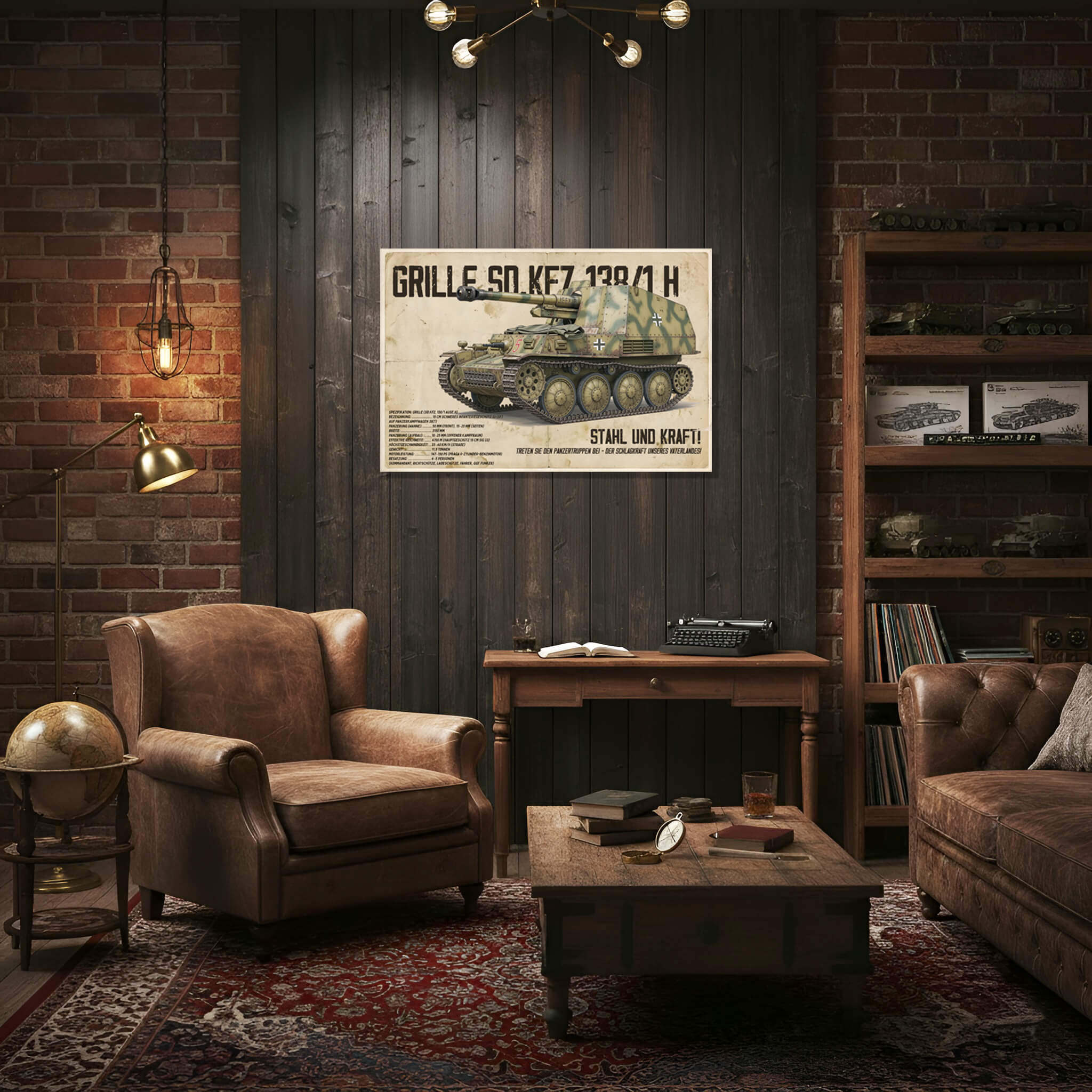 Grille Sd.Kfz. 138/1 WWII German Self-Propelled Gun Tank Poster Digital Edition PDF 1 Vintage poster in the style of German propaganda from the 1940s depicting the Grille Sd.Kfz. 138/1 WWII German Self-Propelled Gun Tank in desert camouflage paintwork with technical specifications in German, on a backing with an aged paper texture with stains and creases.