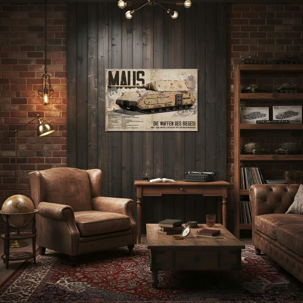 Vintage poster in the style of German propaganda from the 1940s depicting the Panzer VIII Maus WWII German Super Heavy Tank Prototype in desert camouflage paintwork with technical specifications in German, on a backing with an aged paper texture with stains and creases.
