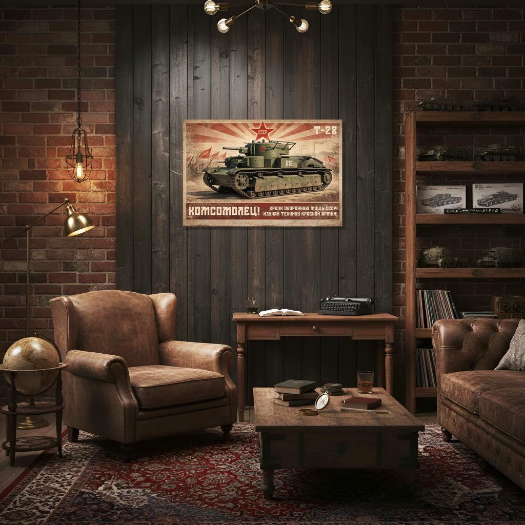 Soviet T-28 tank on an old propaganda poster from World War II with red rays, flags with the hammer and sickle, triumphant soldiers, and the slogan "Komsomol member! Strengthen the defense capabilities of the USSR! Study the techniques of the Red Army!" against a background of old paper texture with stains and creases.