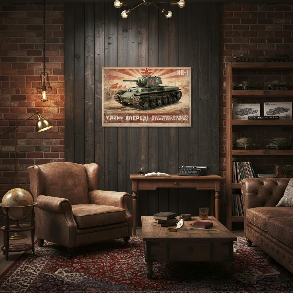 KV-1 Soviet heavy tank WWII propaganda poster vintage illustration - unbreakable Red Army armored guardian