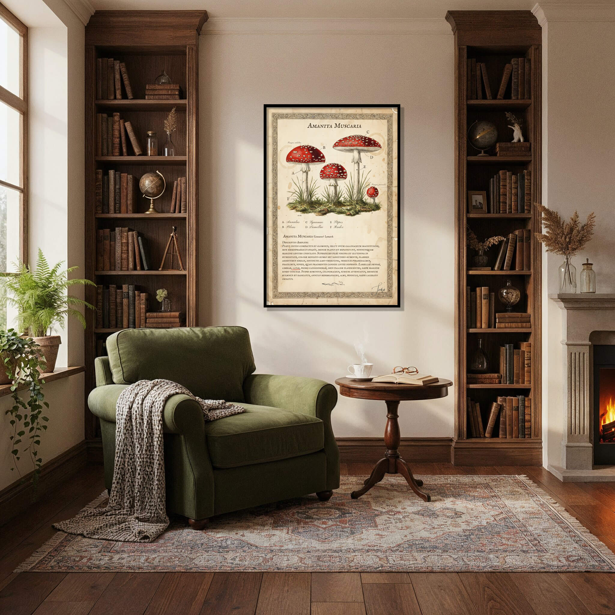 Vintage Amanita Muscaria Botanical Print 3 Antique style botanical print of Amanita Muscaria mushroom on aged paper with Latin text, vintage nature wall art.