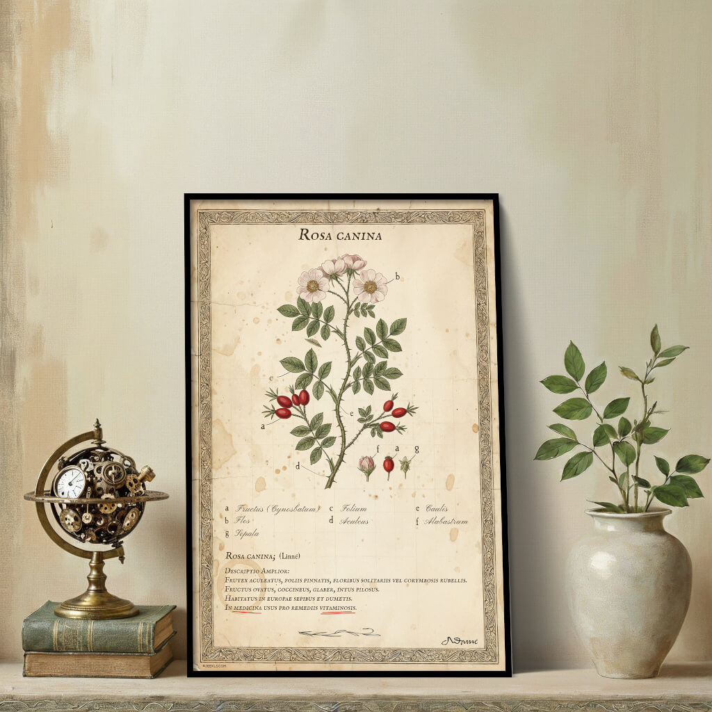Vintage botanical illustration of a Rosa Canina (Wild Dog Rose) in a black metal frame. The poster features detailed pink flowers, green leaves, and red rose hips on aged, stained parchment paper. It is displayed in a moody, aesthetic interior on a wooden shelf next to a steampunk globe and a white ceramic vase with green branches.