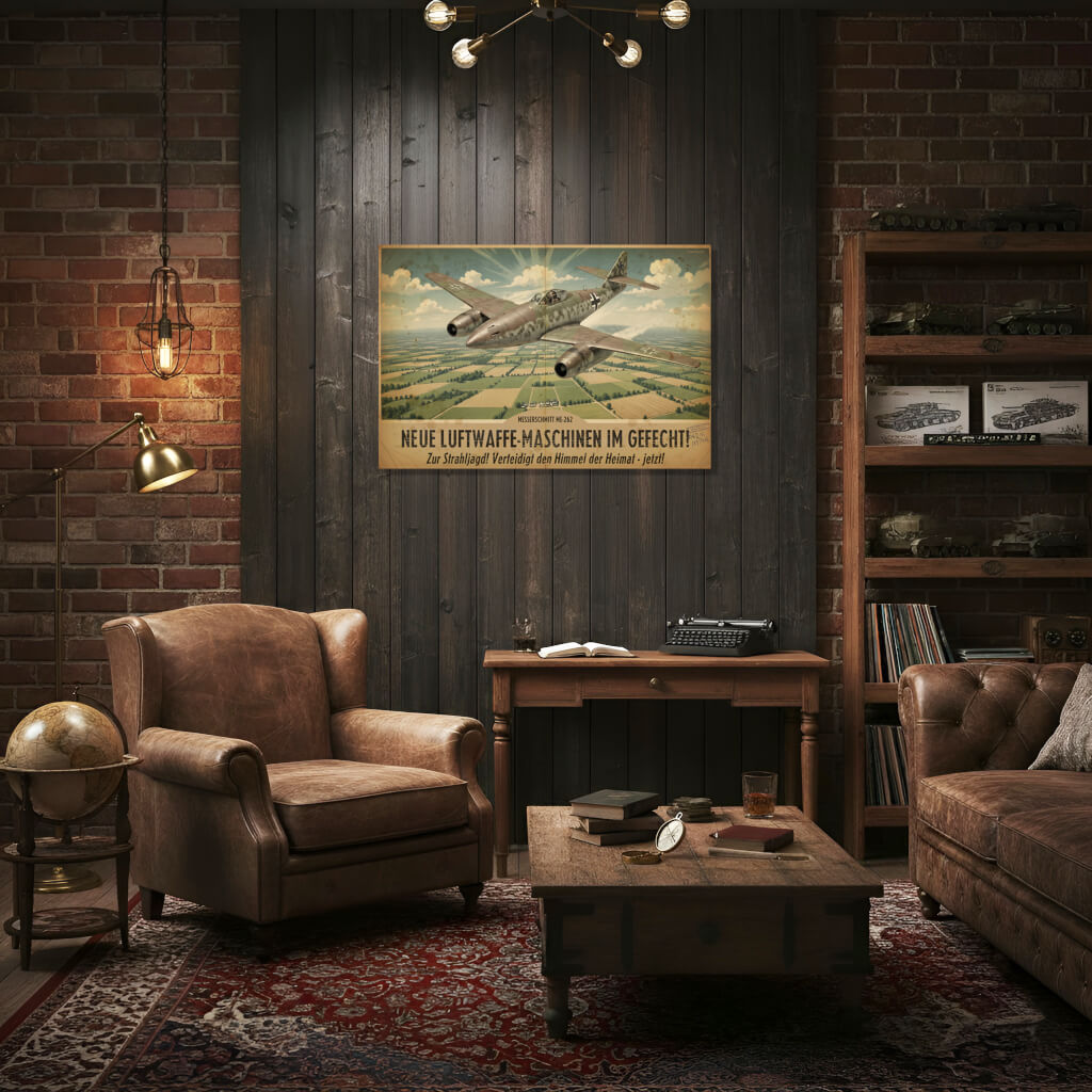 Vintage 1945 Luftwaffe Messerschmitt Me 262 Schwalbe jet fighter propaganda poster – German turbojet aircraft in low flight over countryside fields, dramatic sky, distressed aged paper texture, WWII aviation art print