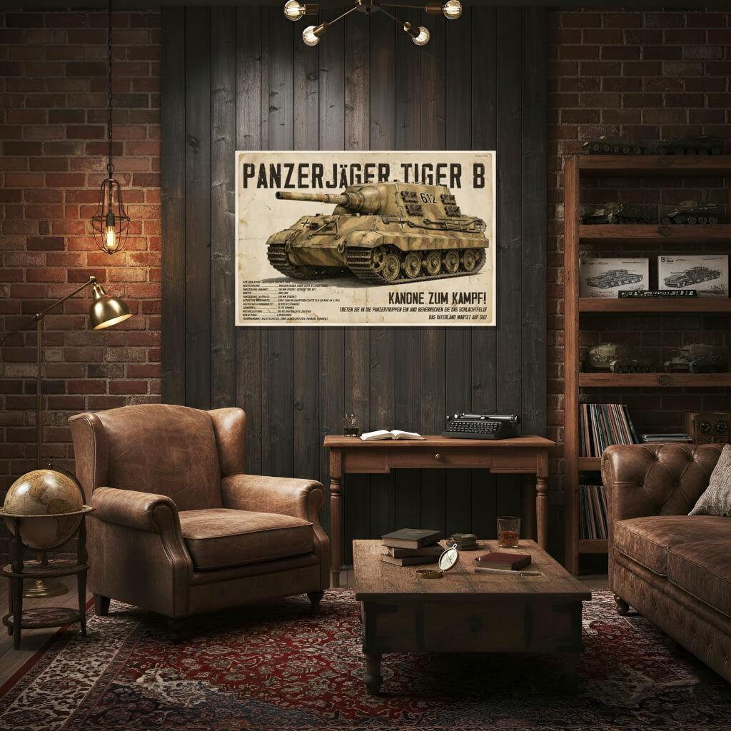 Vintage JägdTiger Heavy Tank Destroyer Propaganda Poster - German WWII Panzerjäger Poster 2 Vintage poster in the style of German propaganda from the 1940s depicting the Panzerjäger Tiger B JägdTiger Heavy Tank Destroyer in desert camouflage paintwork with technical specifications in German, on a backing with an aged paper texture with stains and creases.