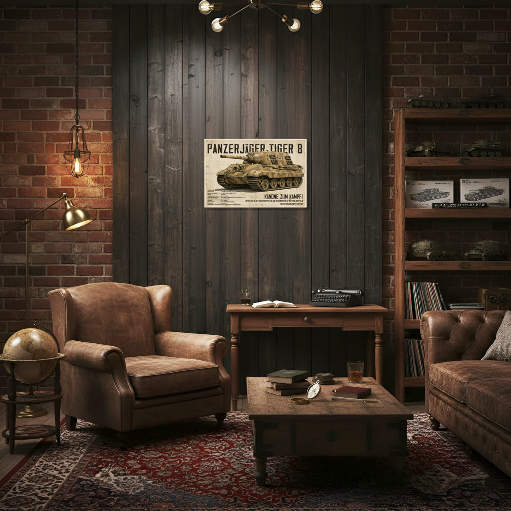 Vintage JägdTiger Heavy Tank Destroyer Propaganda Poster - German WWII Panzerjäger Poster 3 Vintage poster in the style of German propaganda from the 1940s depicting the Panzerjäger Tiger B JägdTiger Heavy Tank Destroyer in desert camouflage paintwork with technical specifications in German, on a backing with an aged paper texture with stains and creases.