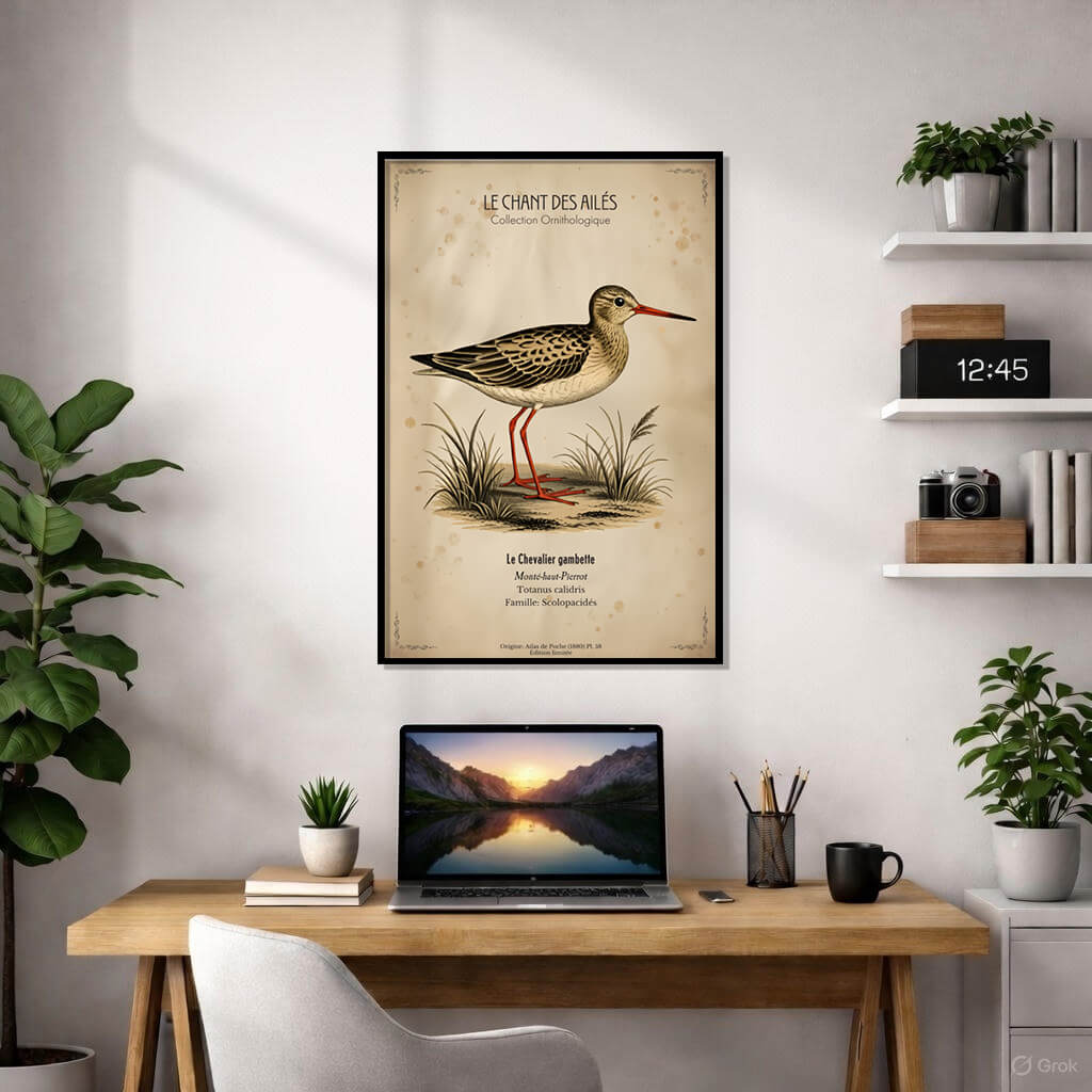 Antique-style ornithology poster of a Common Redshank bird on weathered, vintage paper. The bird has detailed brown speckled feathers and bright red legs. Professional typography includes the French title 'Le Chevalier gambette' and 'Le Chant des Ailés' header. A blue vintage publisher's stamp 'Fratelli Treves' is visible in the corner, and the paper shows authentic aging effects like stains and creases.