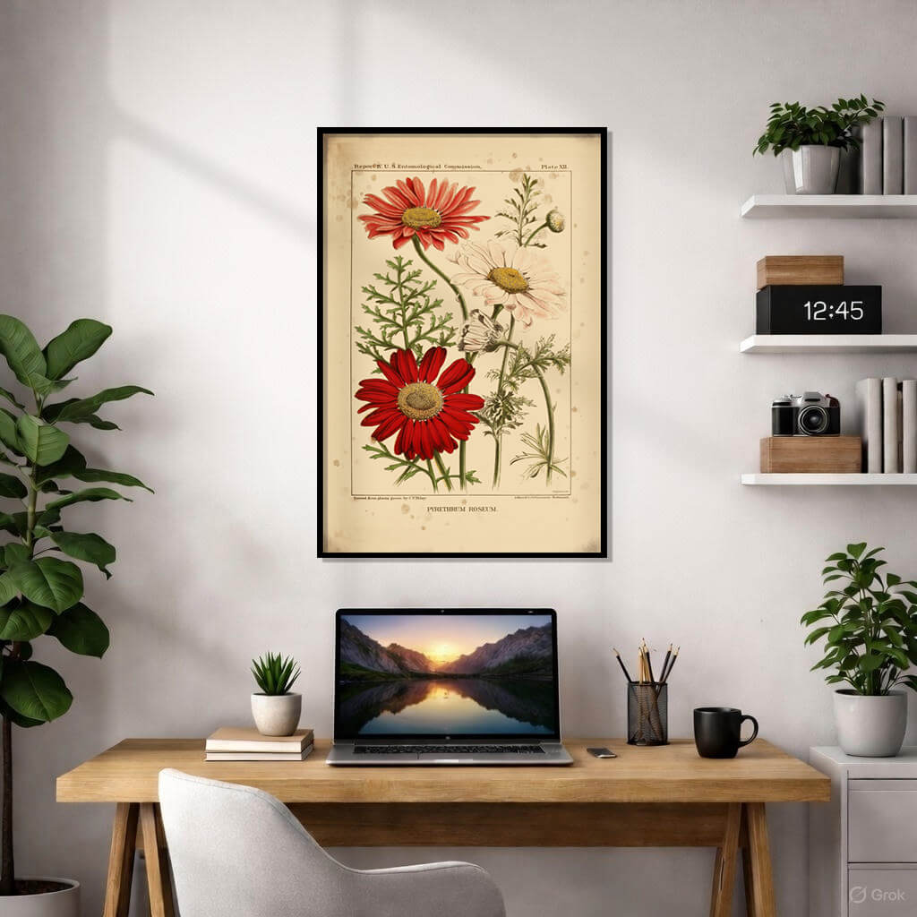 Vintage botanical illustration of Pyrethrum roseum (Painted Daisy) with vibrant red and pink flowers on aged paper background, Plate XII, Victorian style floral art.