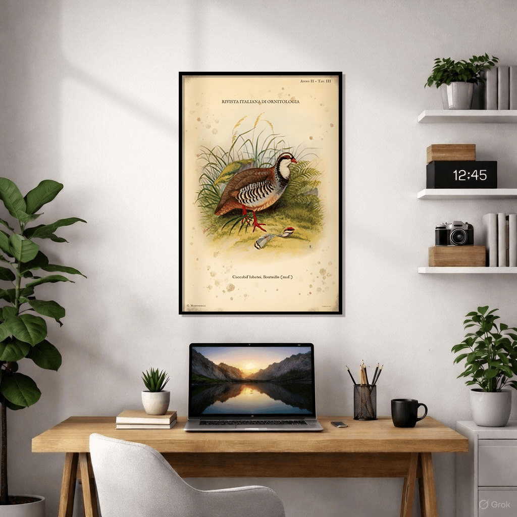 Vintage Italian ornithological illustration of a male Caccabis labatei partridge in a natural habitat of grass and ferns, aged parchment background, Plate II.