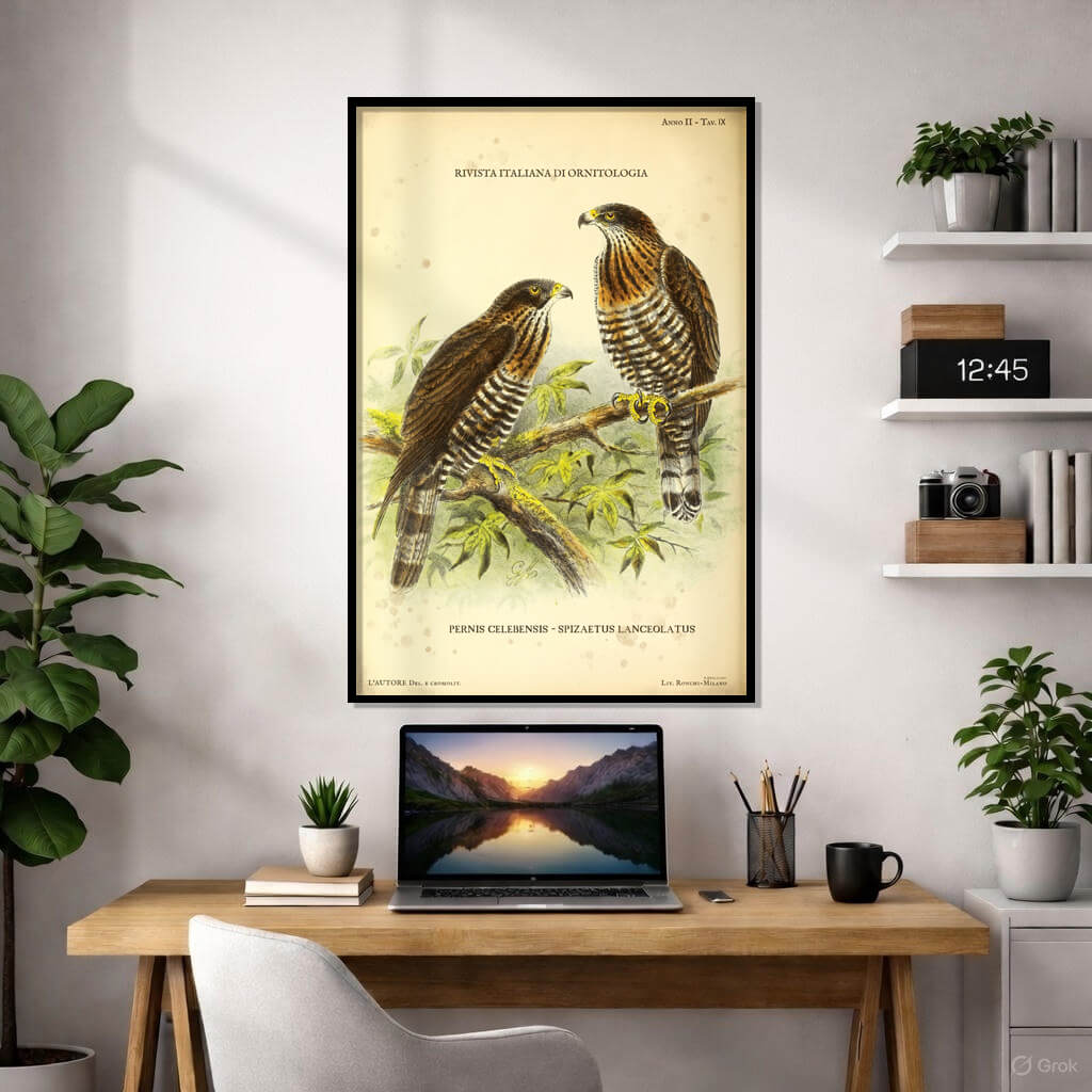 Vintage Birds of Prey Poster - Sulawesi Honey Buzzard & Hawk-Eagle - Antique Italian Ornithology Art - Pernis celebensis & Spizaetus lanceolatus 3 Vintage Italian ornithological illustration of two birds of prey, Pernis celebensis and Spizaetus lanceolatus, perched on a branch, aged parchment background, detailed raptor plumage.