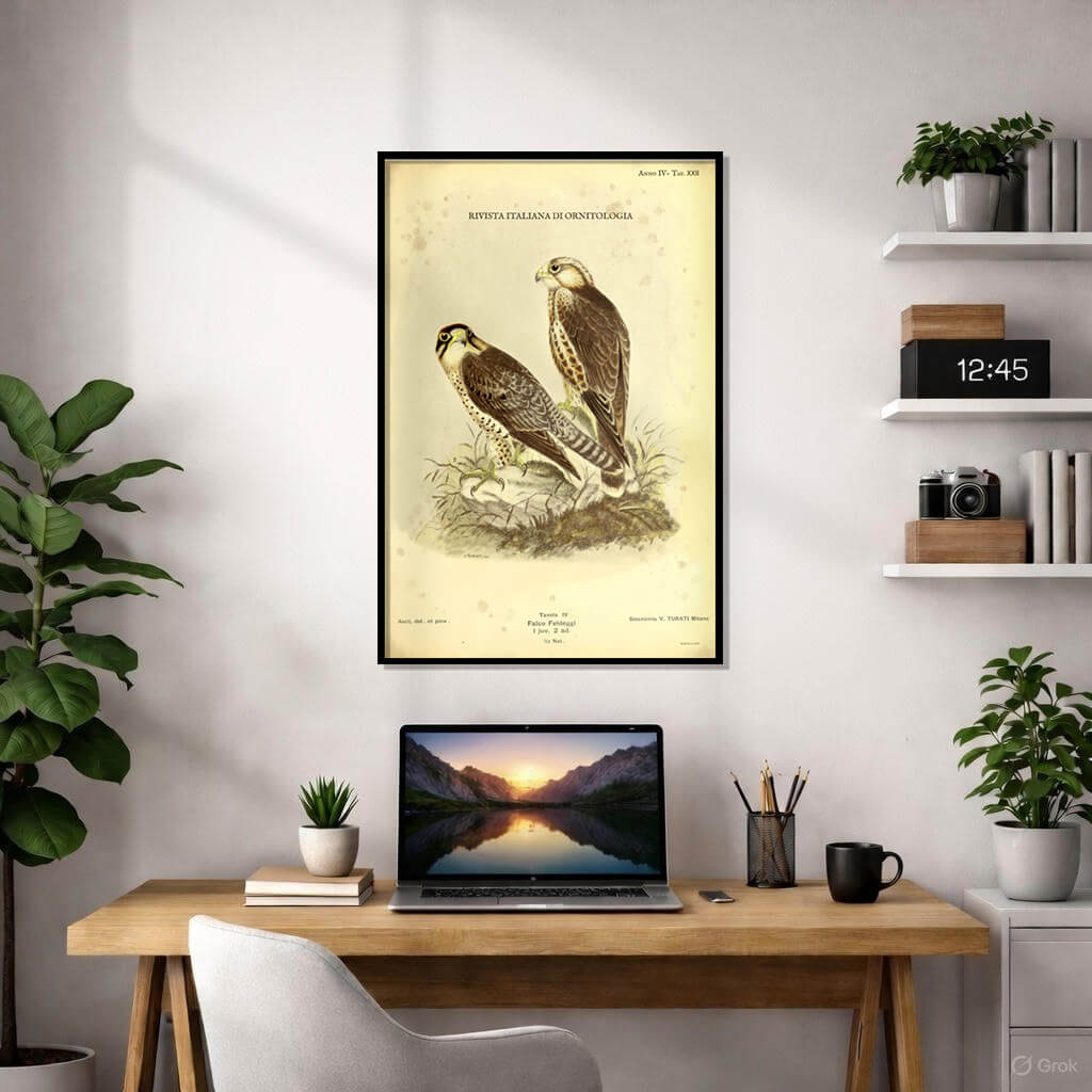 Vintage Italian ornithological plate of two Lanner Falcons (juvenile and adult) perched on a rock, titled Falco Feldeggi, featuring detailed plumage and talons on aged paper.