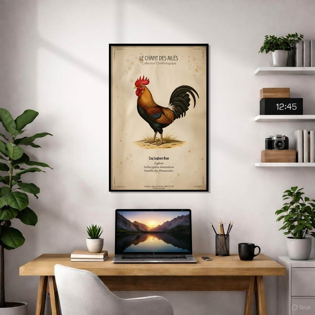 Vintage-style ornithological illustration of a Brown Leghorn rooster with a red comb and golden feathers on aged parchment paper, titled Le Chant des Ailés.