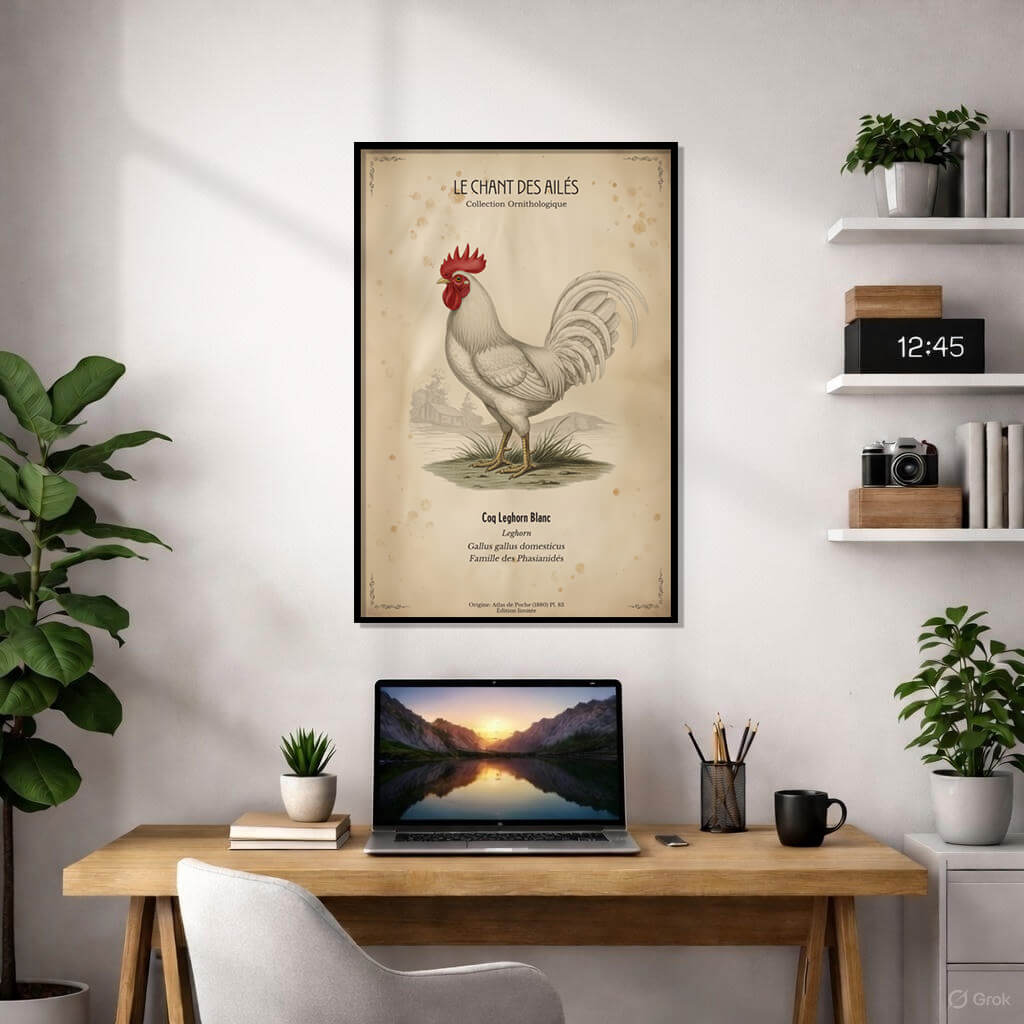 Detailed vintage-style ornithological illustration of a rooster (Gallus gallus domesticus) on a stained, aged parchment background with French typography.