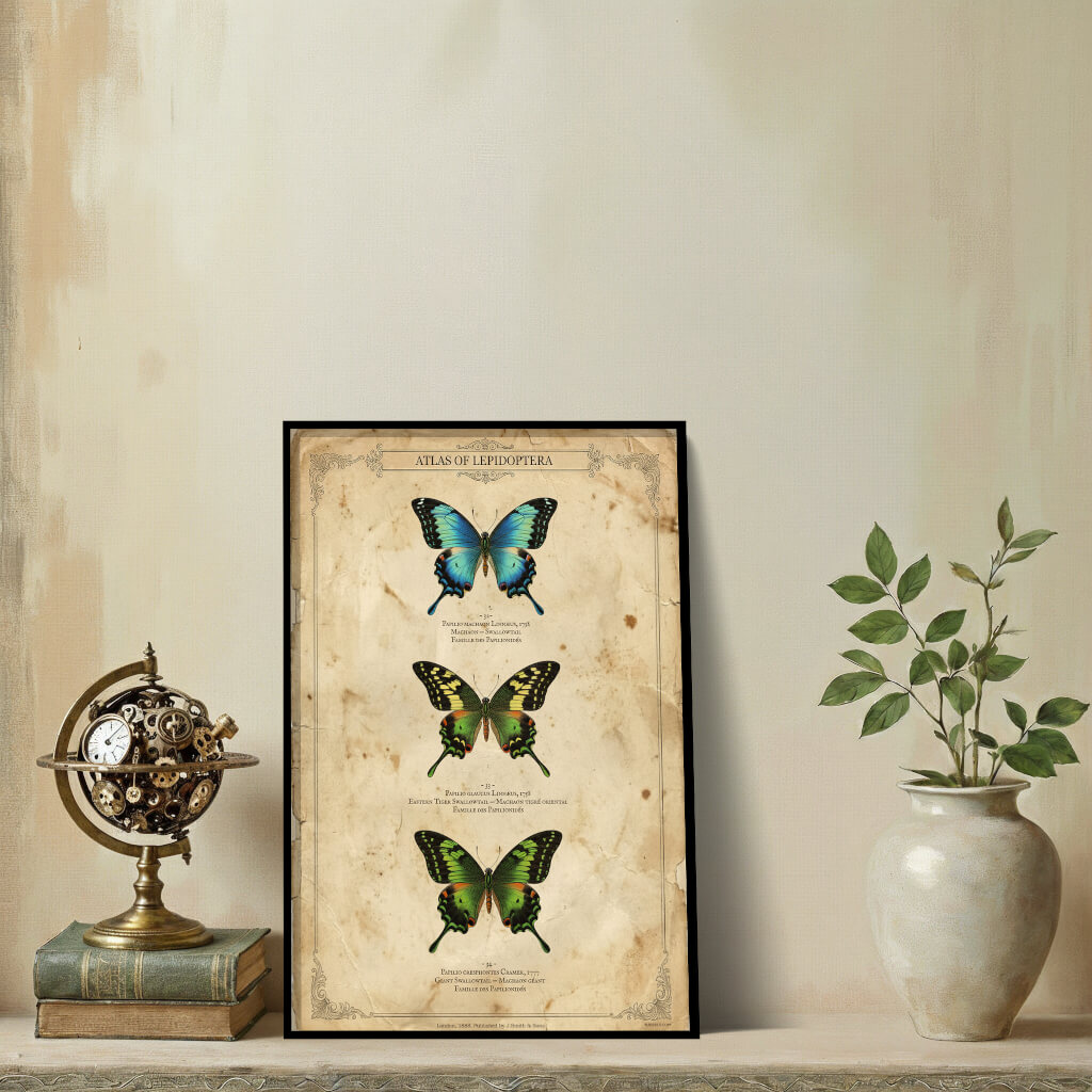 Vintage entomological plate titled Atlas of Lepidoptera featuring three detailed butterfly specimens (Papilio) on aged, stained parchment paper with scientific Latin names.
