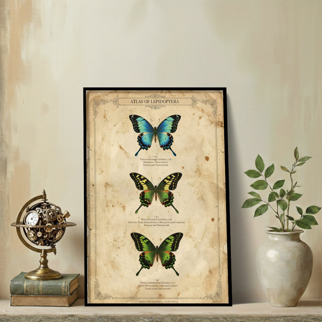 20260215110306-1f10a5de-7e0e-61a0-8dd5-32e5d66f2071.jpg Vintage entomological plate titled Atlas of Lepidoptera featuring three detailed butterfly specimens (Papilio) on aged, stained parchment paper with scientific Latin names.