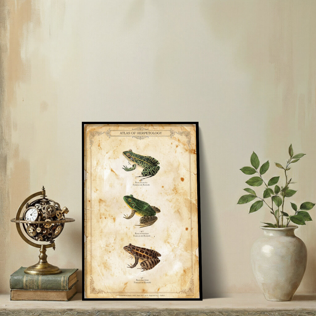 Vintage herpetological plate titled Atlas of Herpetology, featuring three realistic frog specimens (Rana halecina, fontinalis, and palustris) on aged, stained parchment paper with French scientific captions.