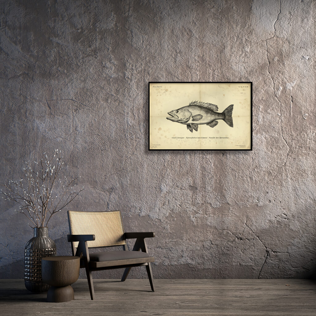 Vintage Grouper fish illustration on aged parchment paper, antique marine biological lithograph, nautical wall art for home decor.