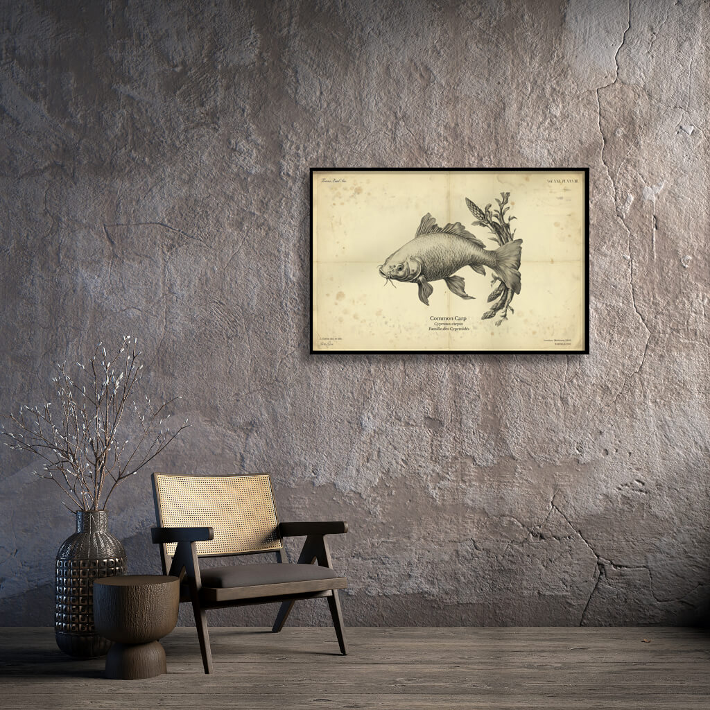 Vintage Carp Fish Illustration - Antique Marine Biology Print - Nautical Wall Art - Retro Freshwater Fish Poster 3 Vintage scientific illustration of a Common Carp on an aged parchment background