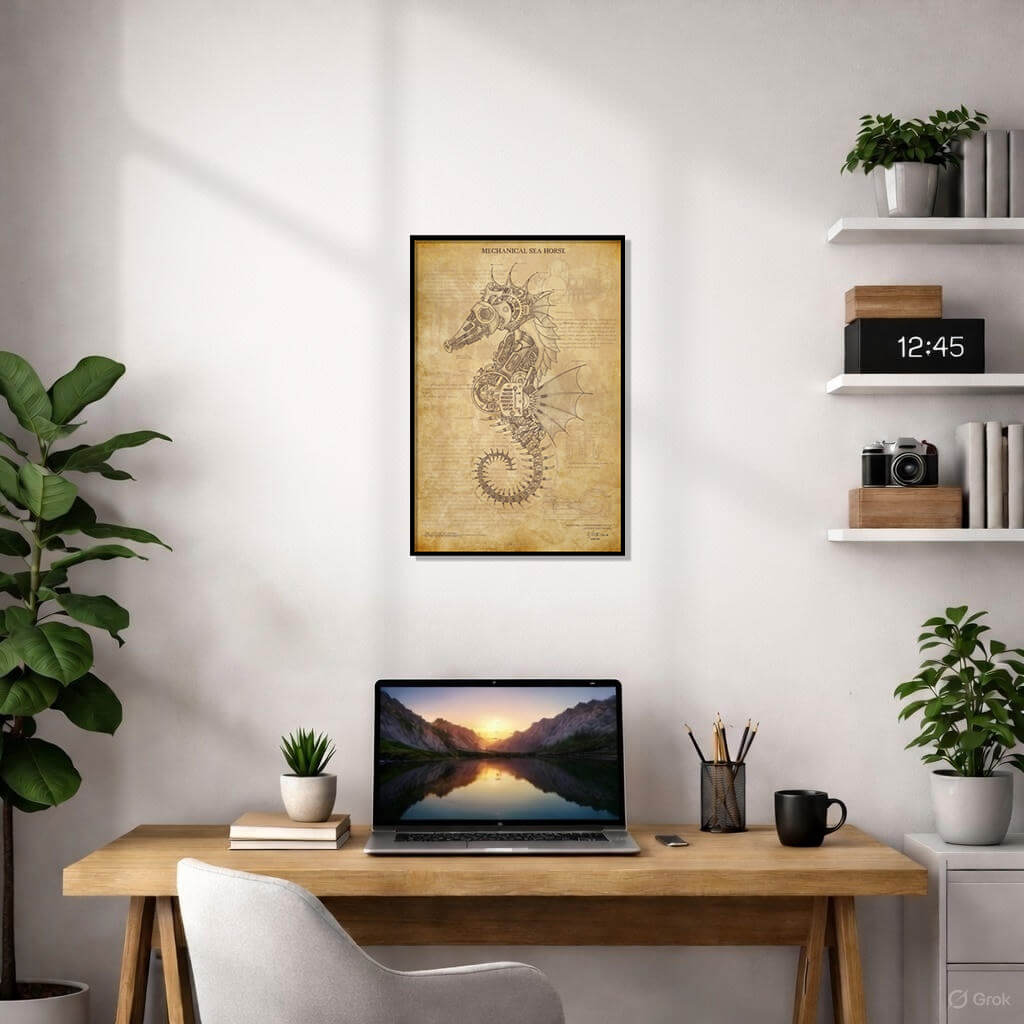 Steampunk Sea Horse Poster - Mechanical Marine Life Blueprint - Vintage Industrial Wall Art - Nautical Steam Engine Illustration 2 Steampunk mechanical sea horse illustration with gears and steam engine parts on aged vintage paper.