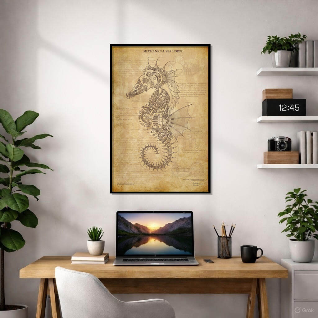 Steampunk mechanical sea horse illustration with gears and steam engine parts on aged vintage paper.