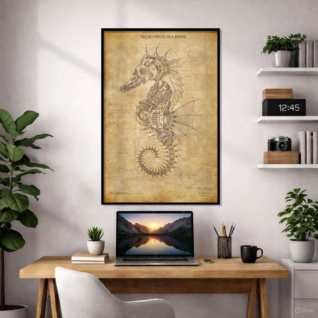Steampunk Sea Horse Poster - Mechanical Marine Life Blueprint - Vintage Industrial Wall Art - Nautical Steam Engine Illustration 3 Steampunk mechanical sea horse illustration with gears and steam engine parts on aged vintage paper.