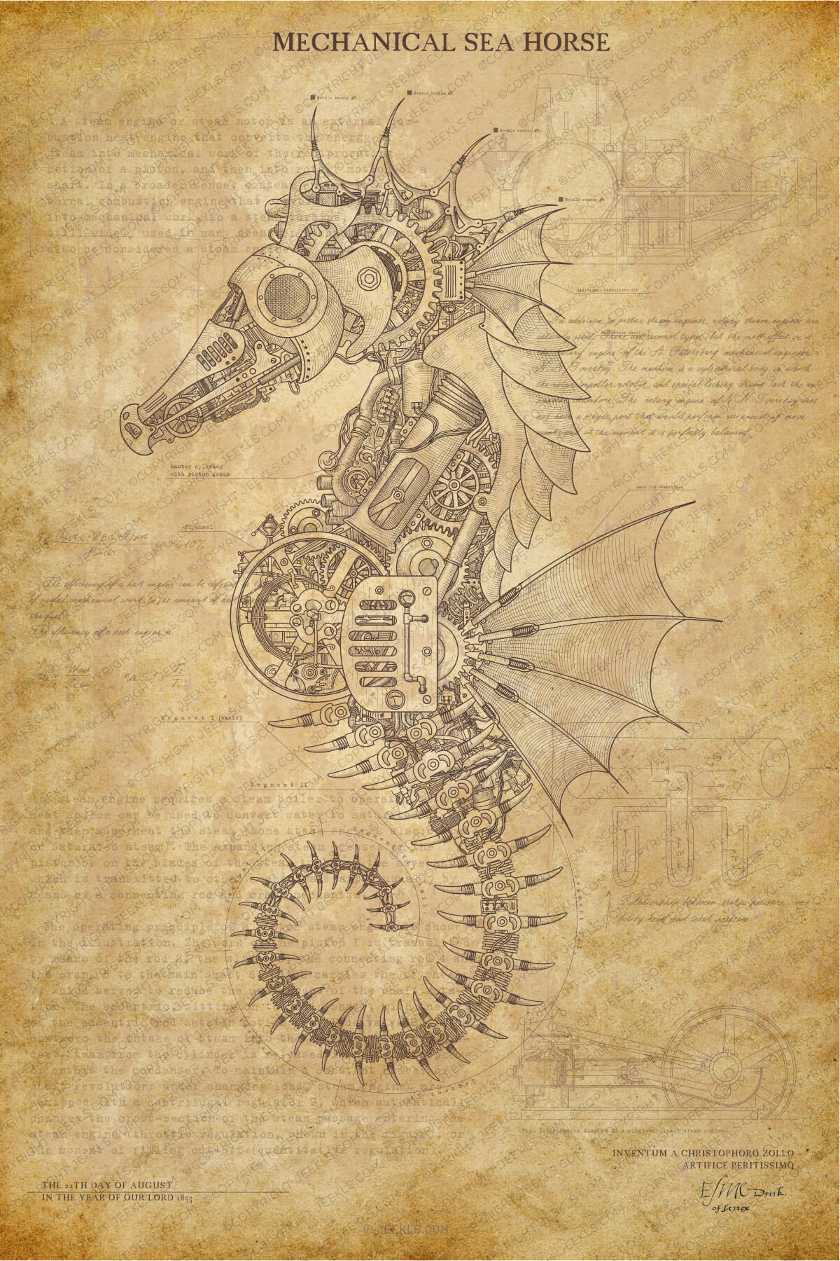 Steampunk Sea Horse Poster - Mechanical Marine Life Blueprint - Vintage Industrial Wall Art - Nautical Steam Engine Illustration 4 Steampunk mechanical sea horse illustration with gears and steam engine parts on aged vintage paper.