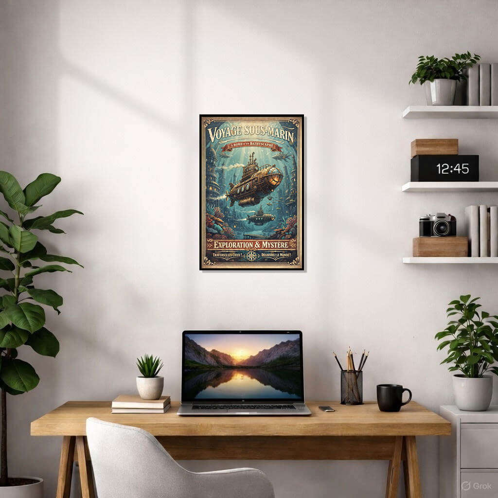 Vintage Steampunk Submarine Poster - "Voyage Sous-Marin" French Retro Decor - Bathyscaphe Underwater Illustration 2 Steampunk submarine illustration "Voyage Sous-Marin" navigating an underwater city with mechanical fish and coral reefs.