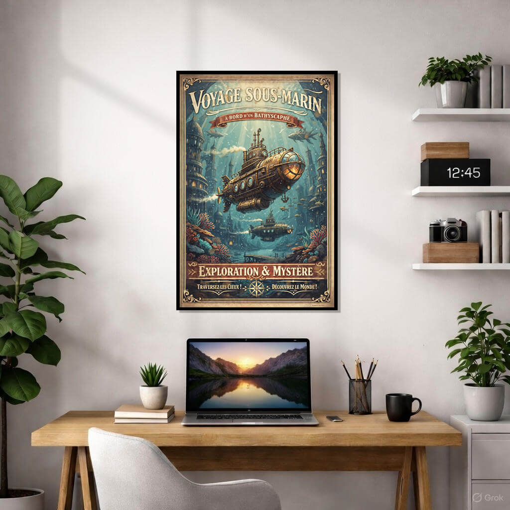 Steampunk submarine illustration "Voyage Sous-Marin" navigating an underwater city with mechanical fish and coral reefs.