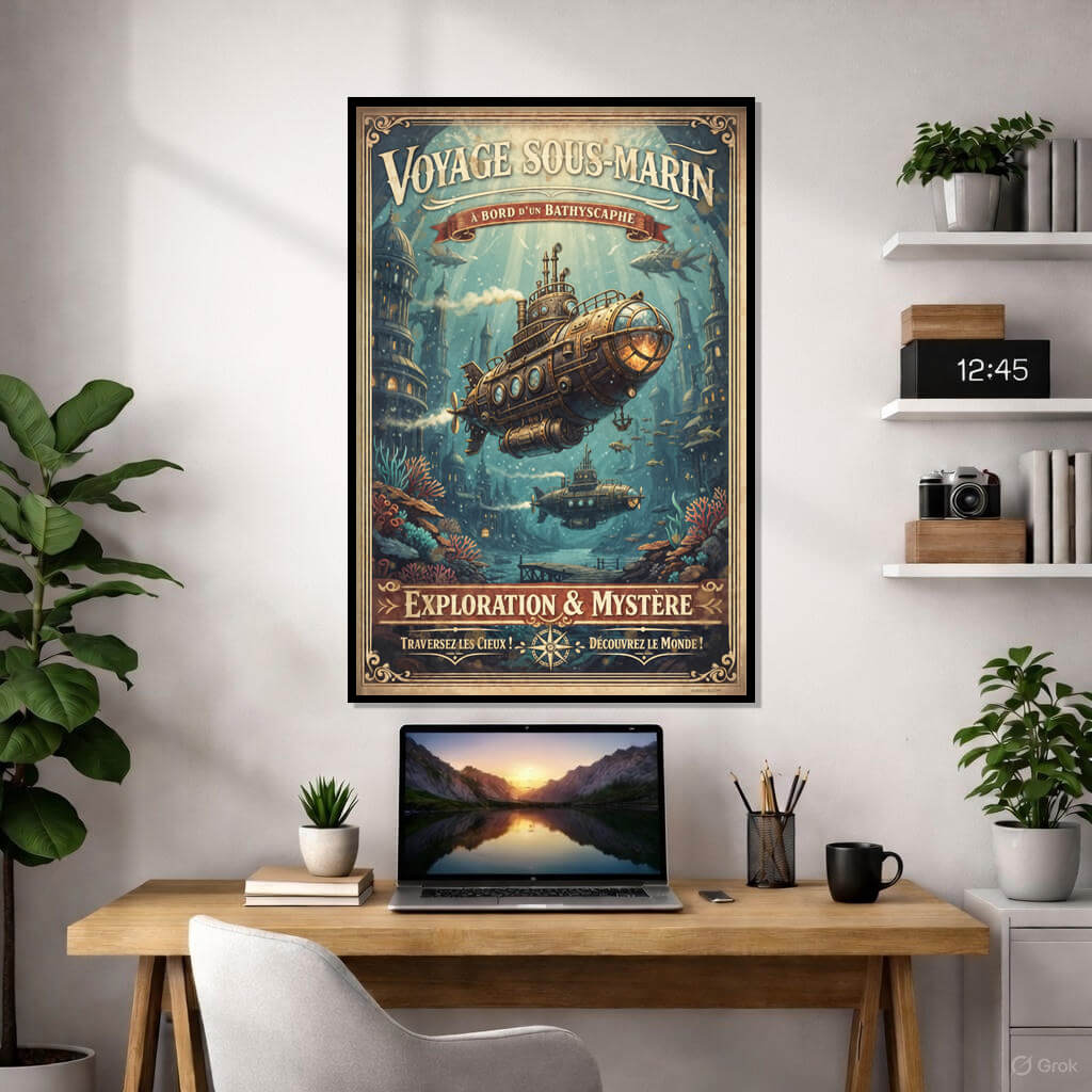 Vintage Steampunk Submarine Poster - "Voyage Sous-Marin" French Retro Decor - Bathyscaphe Underwater Illustration 3 Steampunk submarine illustration "Voyage Sous-Marin" navigating an underwater city with mechanical fish and coral reefs.