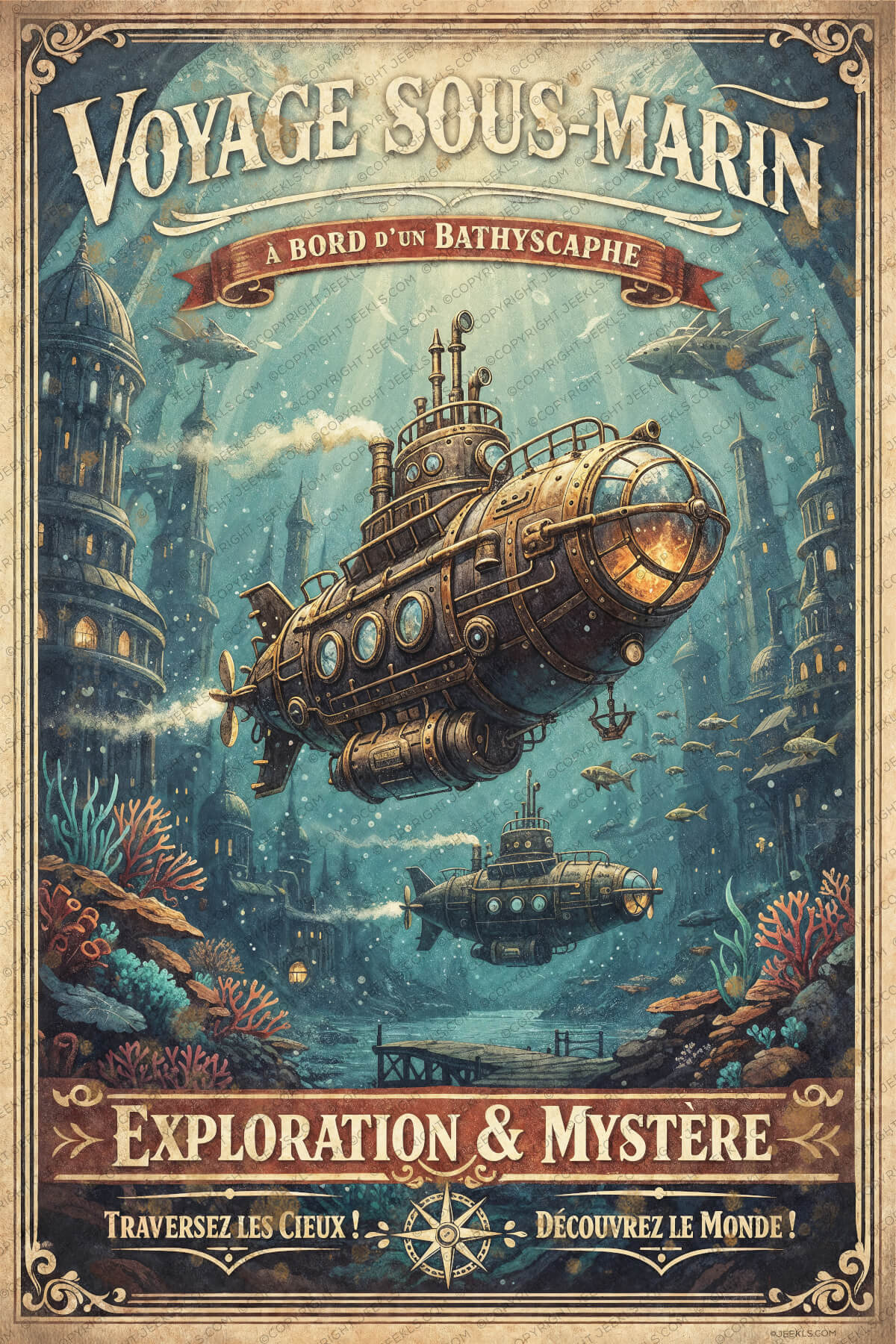 Vintage Steampunk Submarine Poster - "Voyage Sous-Marin" French Retro Decor - Bathyscaphe Underwater Illustration 4 Steampunk submarine illustration "Voyage Sous-Marin" navigating an underwater city with mechanical fish and coral reefs.