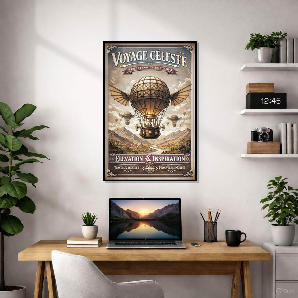 Vintage-style steampunk hot air balloon poster "Voyage Céleste" flying over a mountain valley with a river and old town.