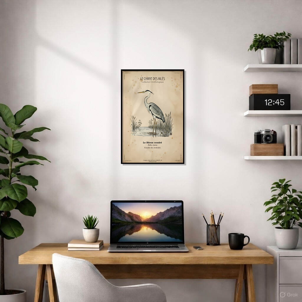 Vintage Grey Heron Poster - "Le Héron Cendré" French Natural History Art - Antique Bird Illustration 2 Vintage French ornithology poster "Le Héron Cendré" featuring a grey heron standing in water with reeds on aged parchment.