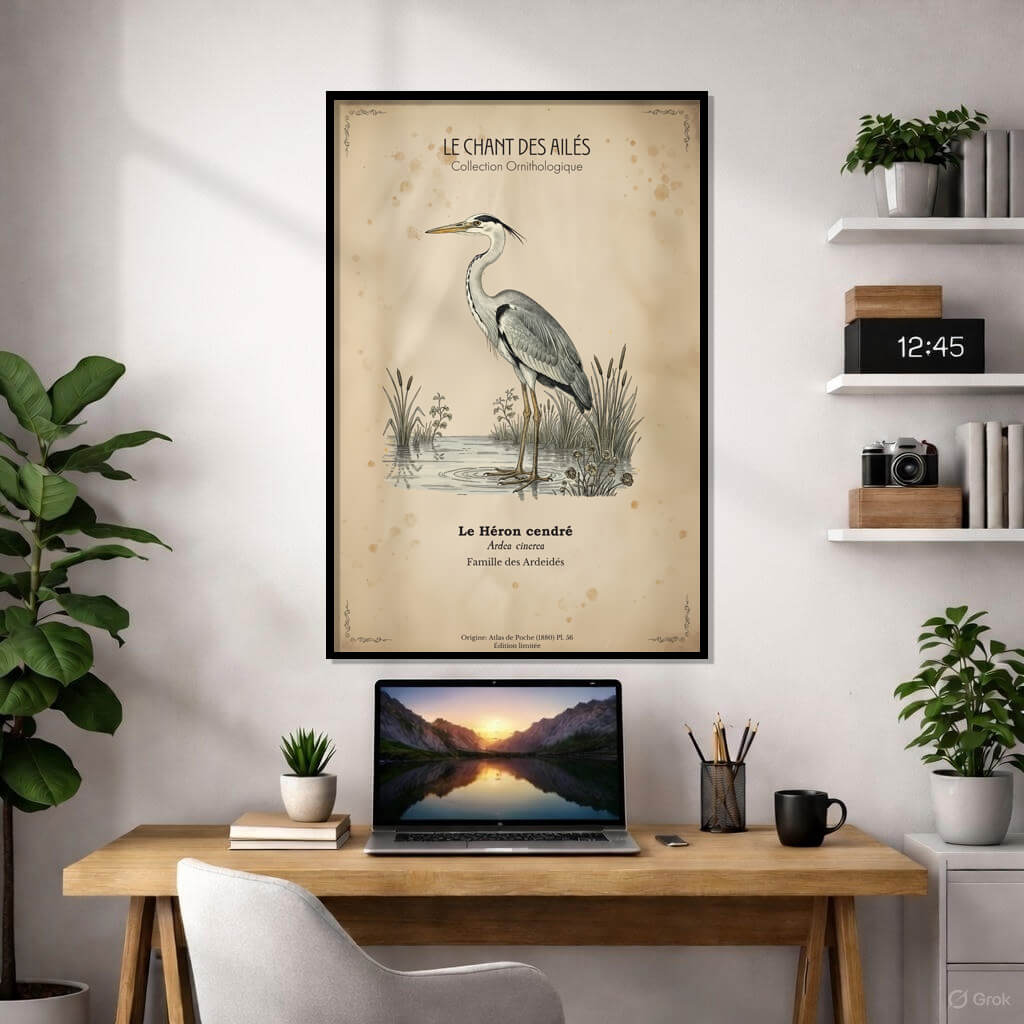 Vintage Grey Heron Poster - "Le Héron Cendré" French Natural History Art - Antique Bird Illustration 3 Vintage French ornithology poster "Le Héron Cendré" featuring a grey heron standing in water with reeds on aged parchment.