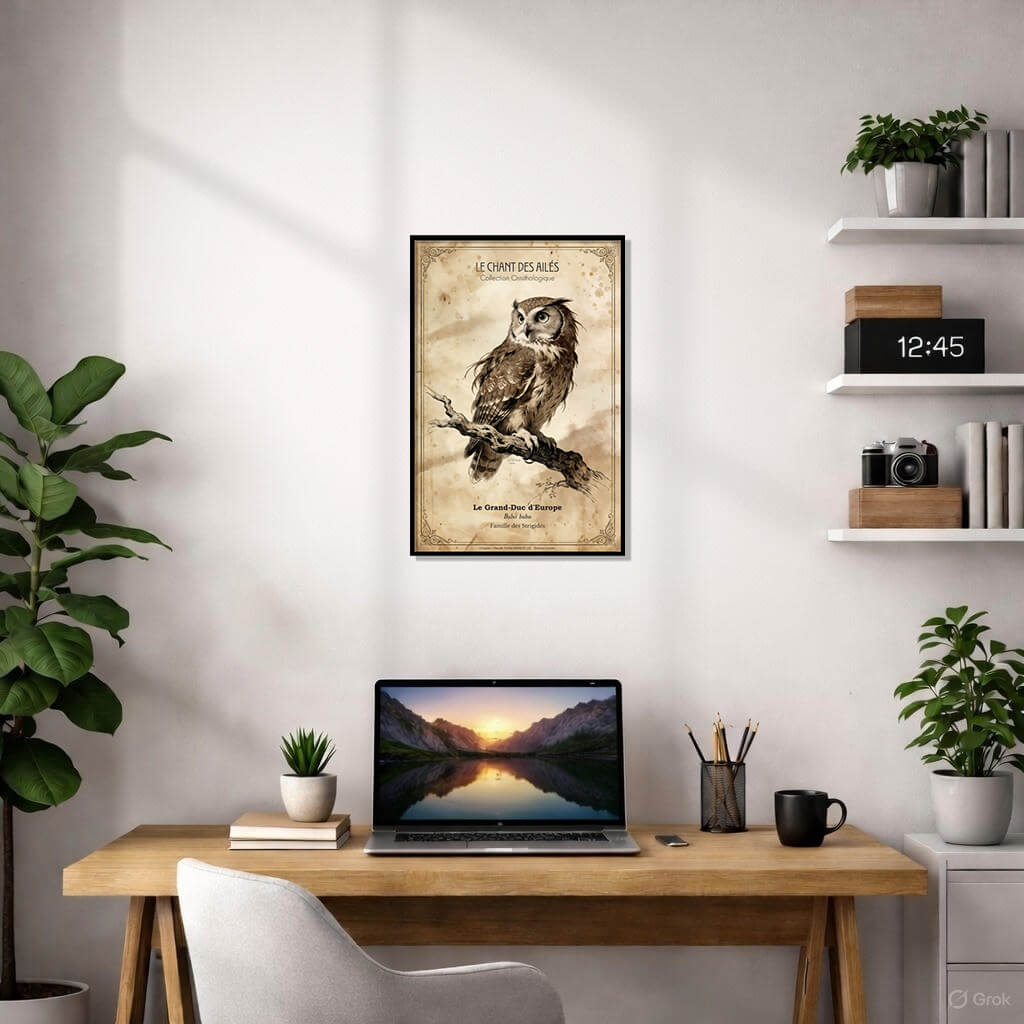 Vintage Owl Poster - "Le Grand-Duc d'Europe" French Natural History Art - Antique Eurasian Eagle-Owl Illustration 2 intage-style French ornithology poster of a Great Horned Owl (Eurasian Eagle-Owl) in a dark forest at night, featuring antique typography on aged paper.