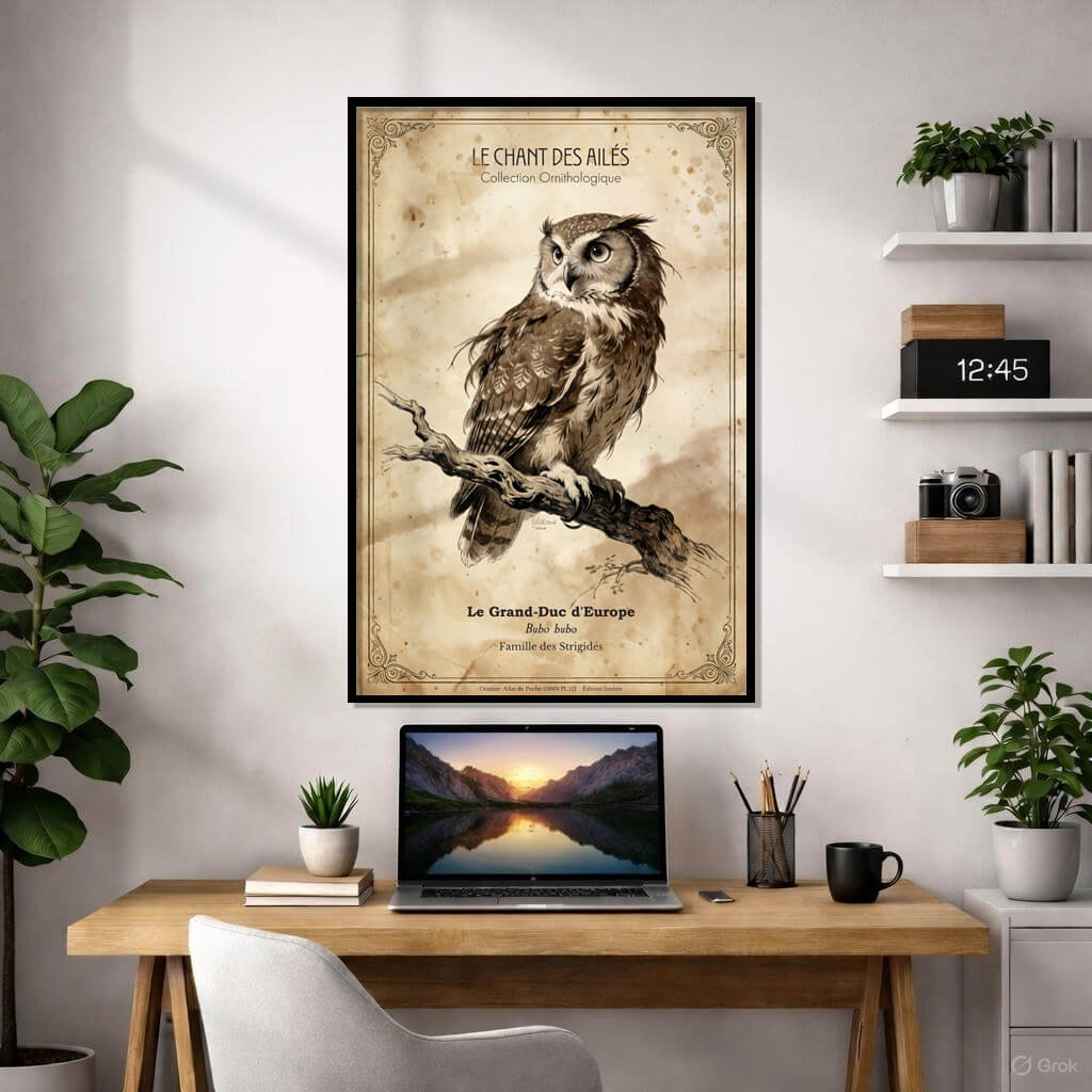 intage-style French ornithology poster of a Great Horned Owl (Eurasian Eagle-Owl) in a dark forest at night, featuring antique typography on aged paper.