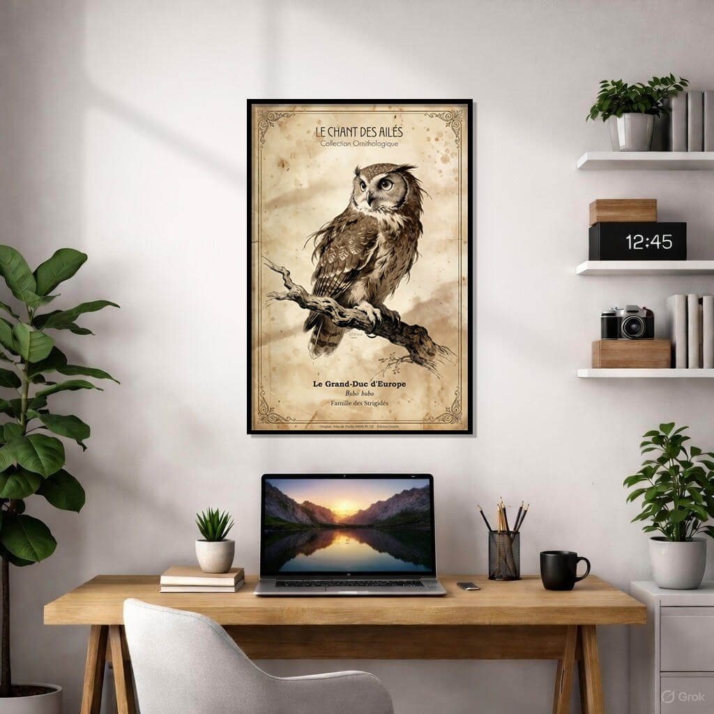 Vintage Owl Poster - "Le Grand-Duc d'Europe" French Natural History Art - Antique Eurasian Eagle-Owl Illustration 3 intage-style French ornithology poster of a Great Horned Owl (Eurasian Eagle-Owl) in a dark forest at night, featuring antique typography on aged paper.