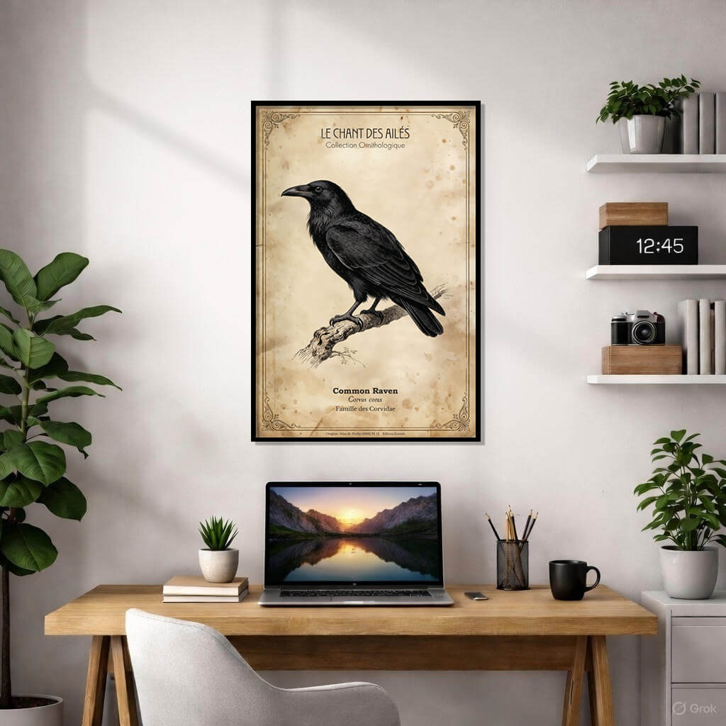 A vintage French ornithology poster entitled ‘Le Grand Corbeau’ (The Great Raven), depicting a large black common raven (Corvus corax) sitting on a tree branch.