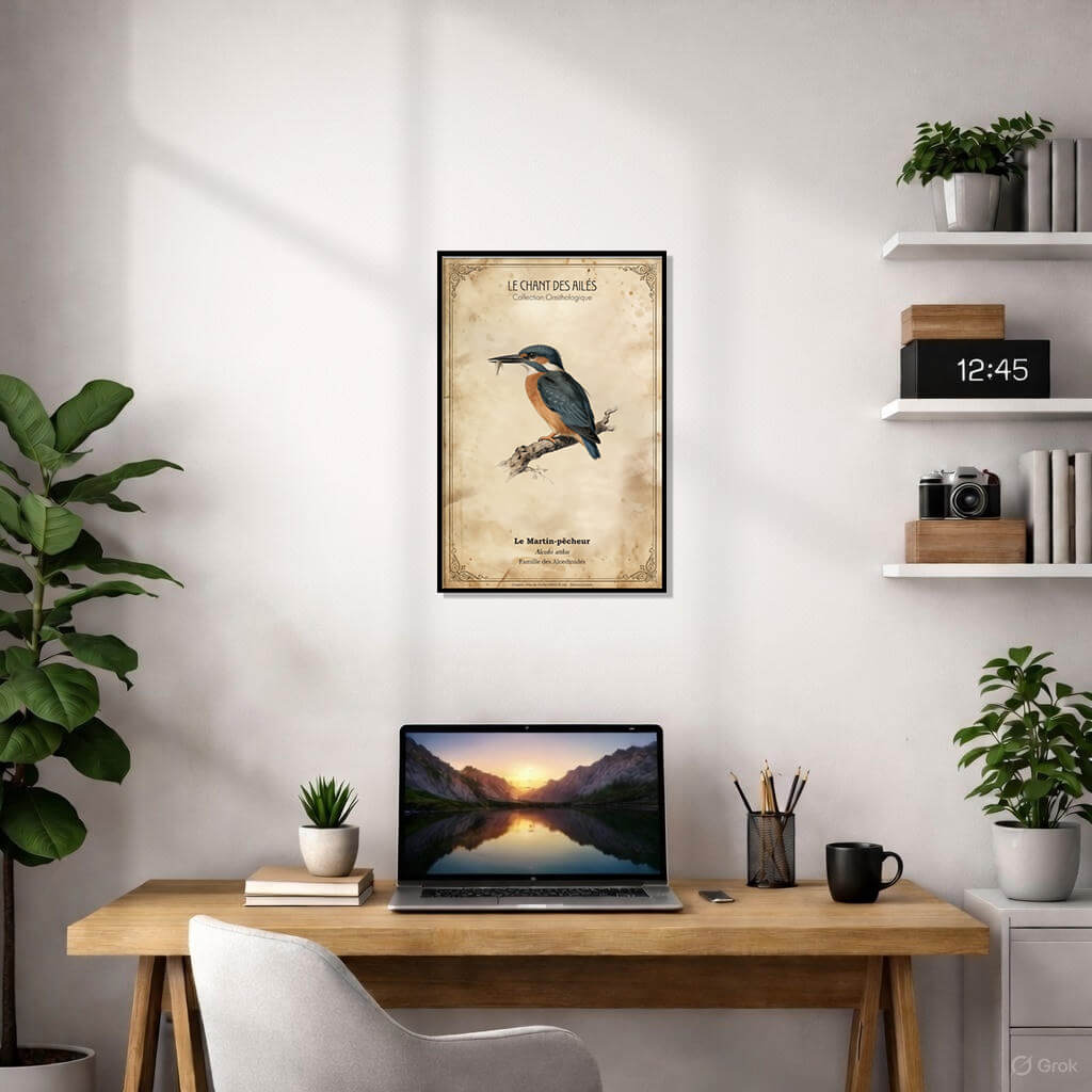Vintage Kingfisher Poster - "Le Martin-pêcheur" Antique French Bird Art - Common Kingfisher (Alcedo atthis) 2 Vintage French ornithological poster depicting a kingfisher (Le Martin-pêcheur) sitting on a tree branch.