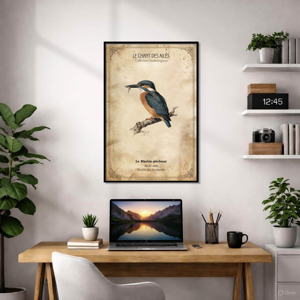Vintage French ornithological poster depicting a kingfisher (Le Martin-pêcheur) sitting on a tree branch.