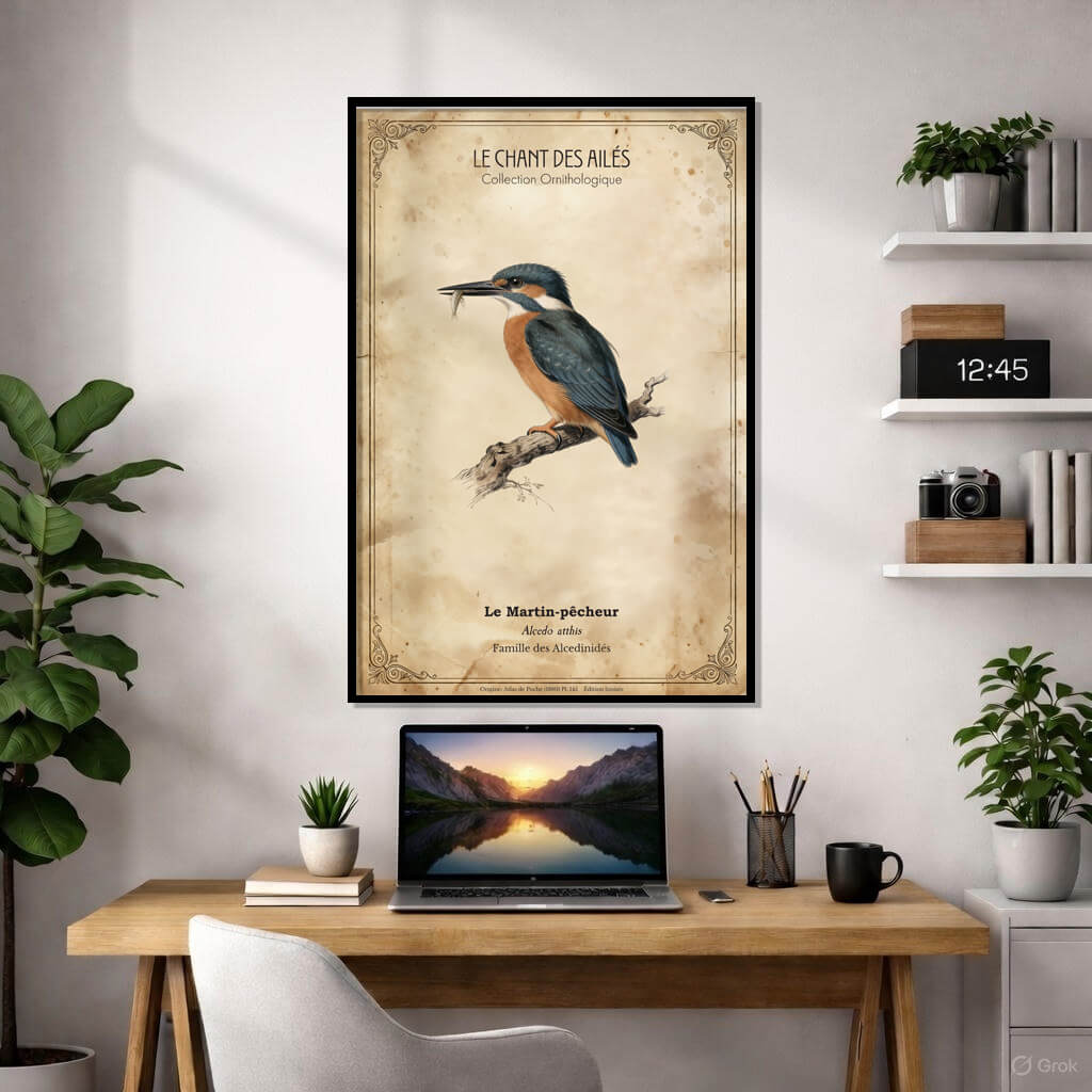 Vintage Kingfisher Poster - "Le Martin-pêcheur" Antique French Bird Art - Common Kingfisher (Alcedo atthis) 3 Vintage French ornithological poster depicting a kingfisher (Le Martin-pêcheur) sitting on a tree branch.
