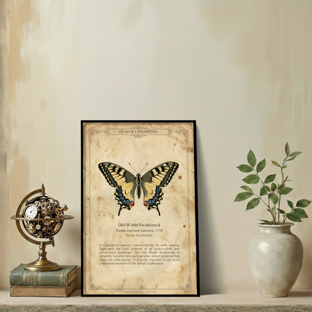 A vertical vintage English entomology poster featuring a Old World Swallowtail butterfly (Papilio machaon) centered on aged, foxed paper with elegant Victorian corner flourishes.