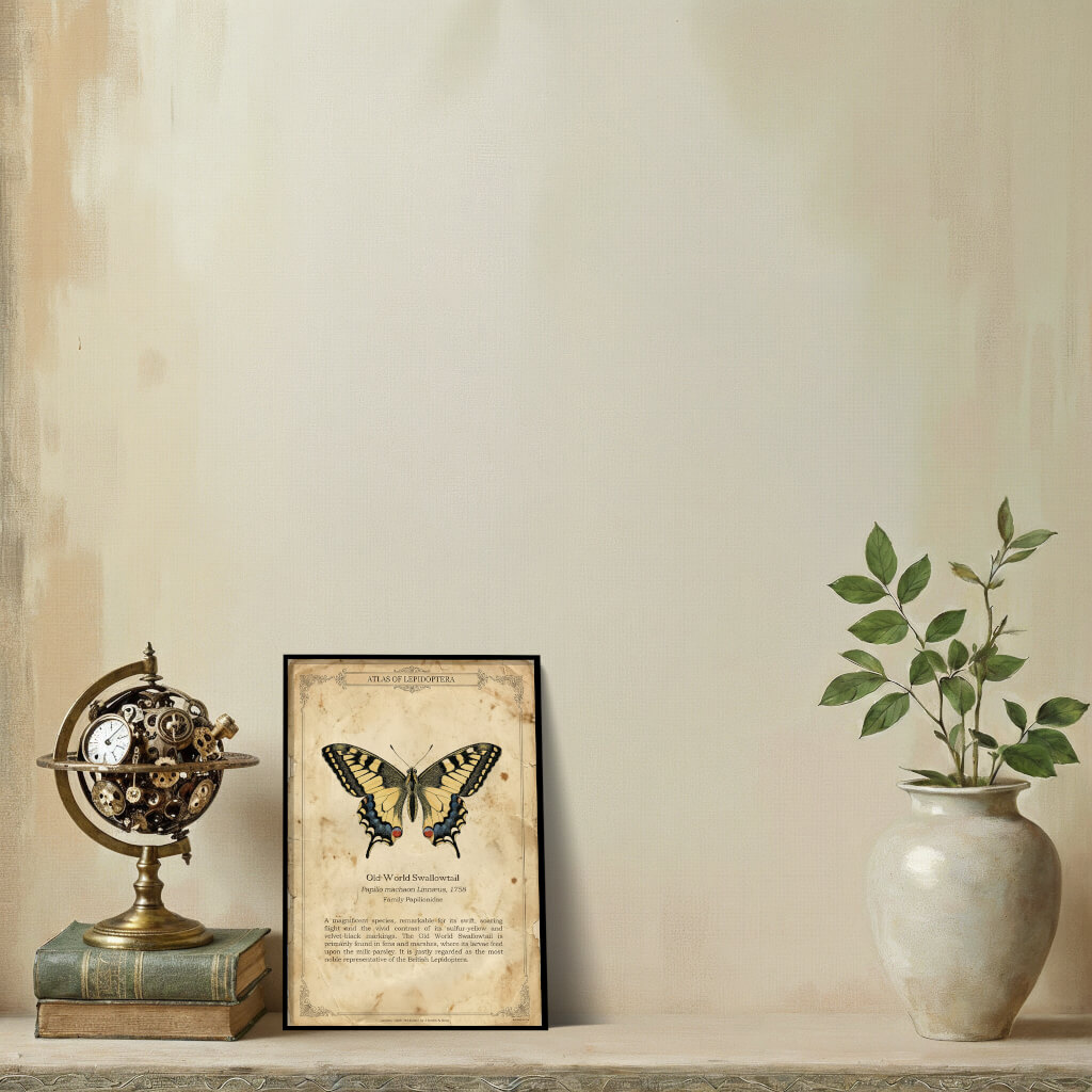 Vintage Butterfly Machaon Poster - "The Common Swallowtail" - Antique Scientific Print - Papilio machaon Linnæus, 1758 2 A vertical vintage English entomology poster featuring a Old World Swallowtail butterfly (Papilio machaon) centered on aged, foxed paper with elegant Victorian corner flourishes.