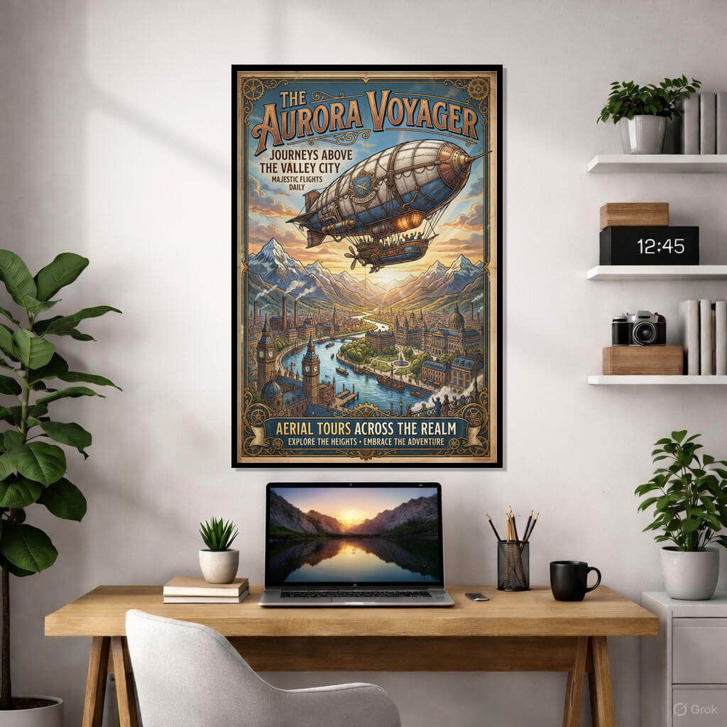 Steampunk Zeppelin Art Print - The Aurora Voyager Vintage Poster 3 A detailed steampunk vintage poster titled "The Aurora Voyager" featuring a large majestic zeppelin flying over a sprawling Victorian city with rivers, bridges, and mountain peaks in the background.