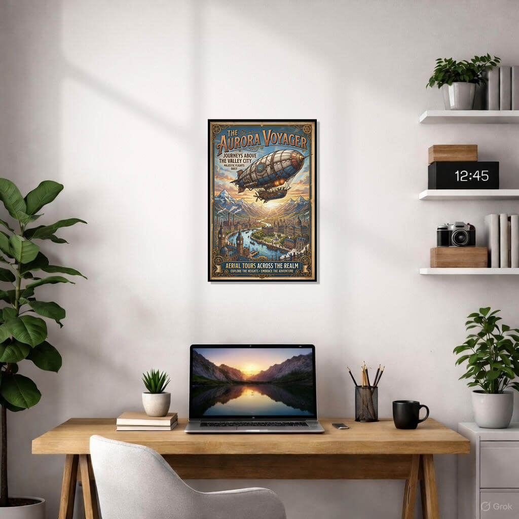 Steampunk Zeppelin Art Print - The Aurora Voyager Vintage Poster 2 A detailed steampunk vintage poster titled "The Aurora Voyager" featuring a large majestic zeppelin flying over a sprawling Victorian city with rivers, bridges, and mountain peaks in the background.