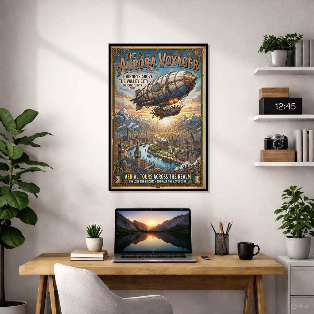 A detailed steampunk vintage poster titled "The Aurora Voyager" featuring a large majestic zeppelin flying over a sprawling Victorian city with rivers, bridges, and mountain peaks in the background.